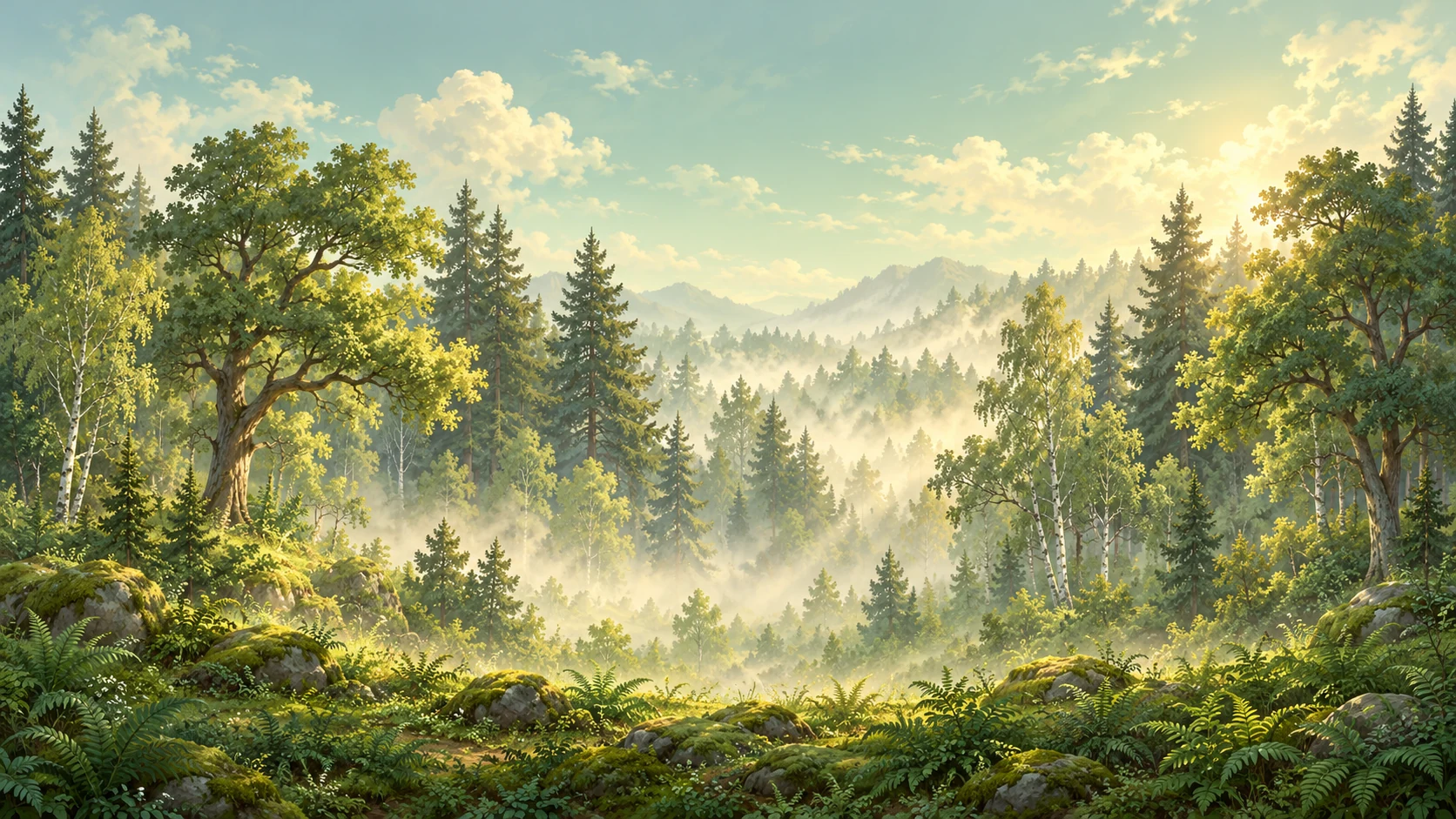 A sunlit woodland with ancient oaks, ferns and pine cones
